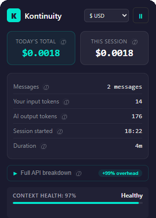 Kontinuity showing 97% context health — early in conversation, everything healthy