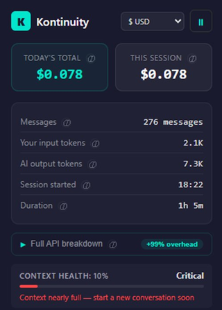Kontinuity showing 10% context health — Critical warning, context nearly full