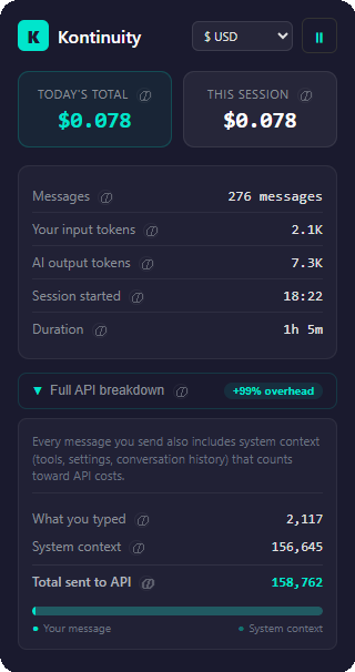 Kontinuity showing 276 messages deep — 2,117 tokens typed, 156,645 system context